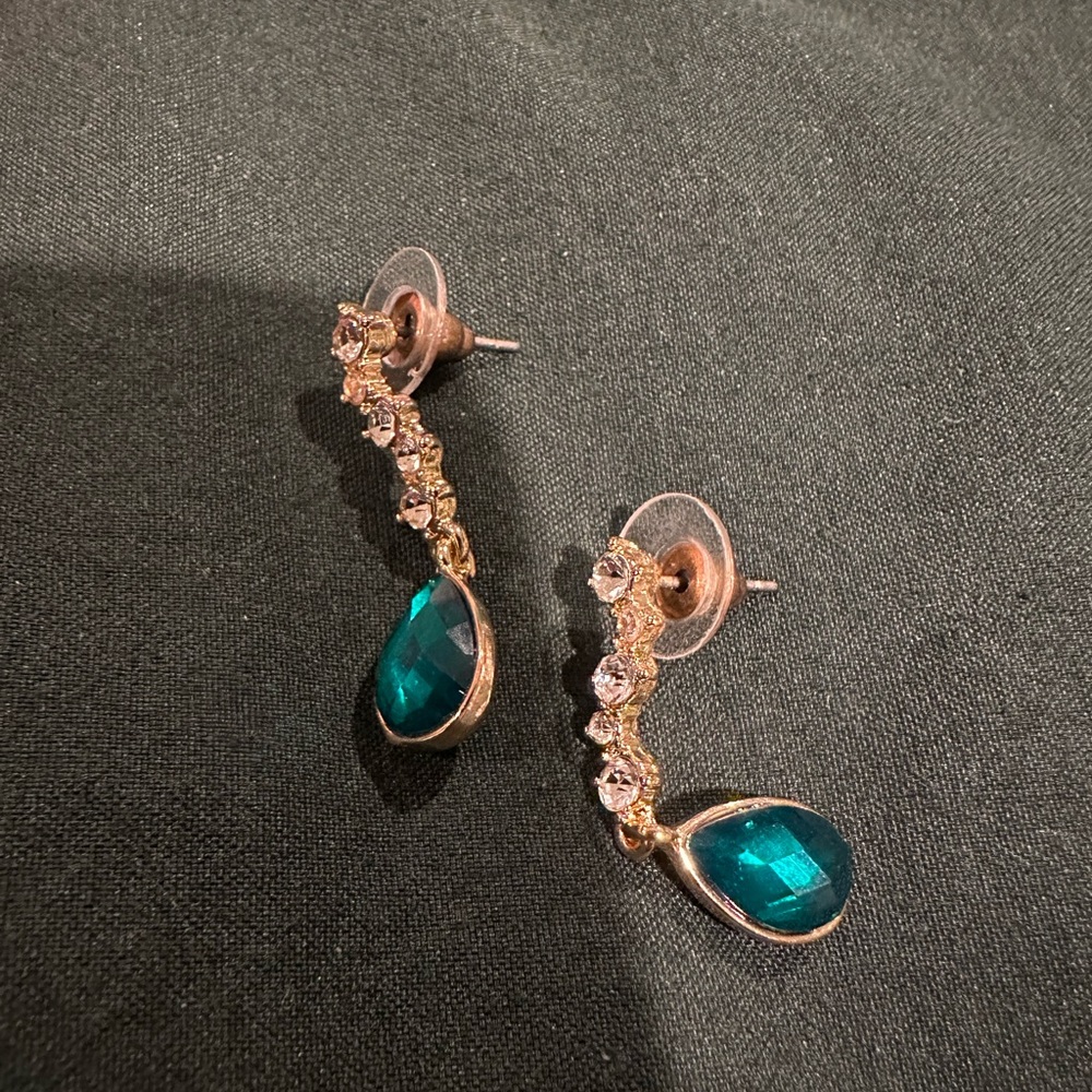 Emerald Teardrop Dangle Earrings with Crystal Accents - Women Jewelry